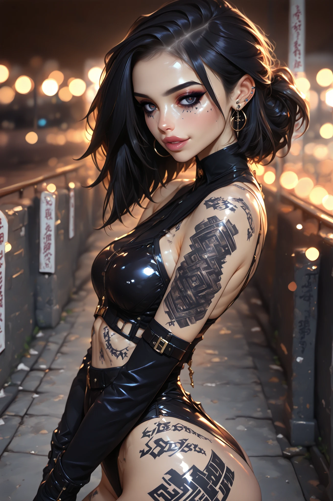 mature milf, middle aged, older woman, (high angle 1.2) view from side, looking at viewer, dynamic pose, masterpiece, best quality, high details, Ray tracing, hdr, hoop earings, volumetric lighting, bokeh, depth of field, glossy lips, score_9, score_8_up, score_7_up, upscale 2x, ((((masterpiece, best quality, high resolution)))), Extremely detailed 8K, Beautiful girl with slender body, e-girl, (Ultra HD, Ultra-detailed, Highly detailed, Highly realistic, Ultra-realistic, photograph realistic), (Realistic black hair), ,(dark makeup, detailed eye makeup, Eyeliner), facing at camera, light smile, , coy grin, slender body, , slender body, septum piercing, small breasts, cowboy shot, egirl makeup, (((gothic cowboy))), ((tattoos all over body))