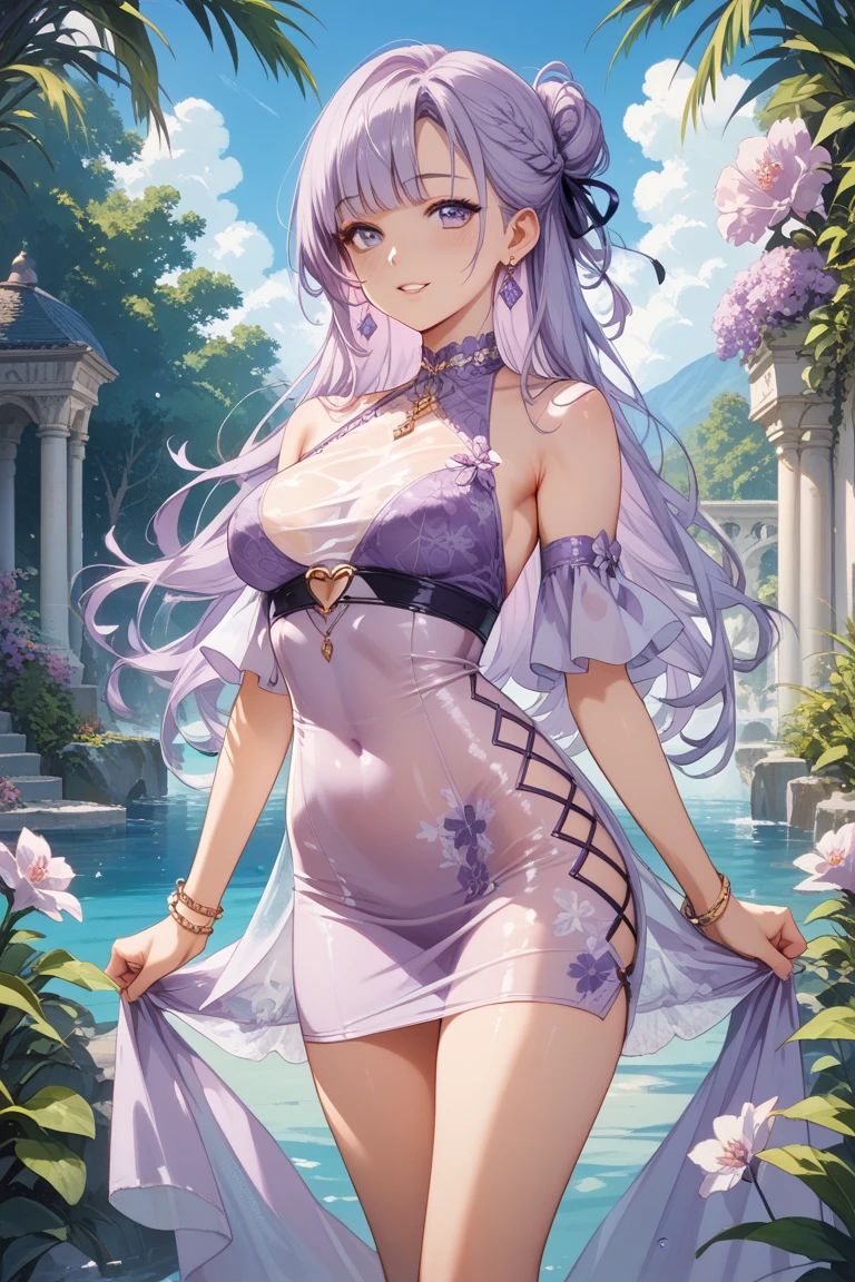 {{{{masterpiece}}}}, {{{super detailed}}}, {{{High resolution}}}, {{excellent anatomy}}, (((highest quality))), ((very delicate and beautiful)), {{very detailed and delicate}}, {8k cg wallpaper},((detailed background))One female、best style、beautiful woman、The most beautiful woman in the world、Purple flowers are blooming on the purple lake surface, soft purple glow, Purple light, (purple wisteria forest), wisteria season, art, shining purple, Purple petals are dancing everywhere、 The blossoming path to heaven, purple glow、Purple water、purple reflective water surface、purple light、(((Sheer skin dress:1.5))),((big breasts))、show through、waterside and wisteria、Transparent dress with detailed design、Beautifully designed transparent dress、pink nipples