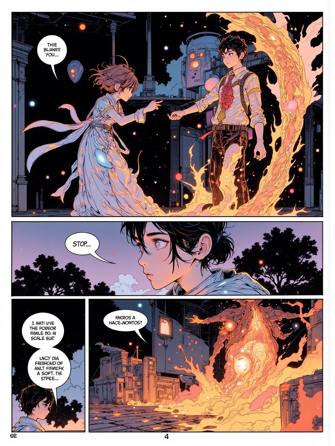 anime style, full manga page layout, 4 panel composition, dramatic lighting, serious tone, cinematic effects

panel 1: top panel, a teenage boy lies face down in rubble, faint blood on his arm, dusk sky with black smoke and burning ruins in background, embers floating

panel 2: middle panel, close-up of the boy lifting his head slowly, one eye glowing faintly, determination in his expression, dirt and scratches on face, dim light from the fires

panel 3: middle panel, enemy soldiers approach in silence, silhouettes in smoke, their eyes are empty, shadows falling behind them

panel 4: bottom panel, the boy’s eyes blaze with fire, sharp fangs begin to grow, intense expression as wind blows through his hair, red-orange glow surrounds him, dramatic close-up

overall style: high quality anime, cinematic shading, dynamic composition, subtle texture, hand-drawn manga tone
