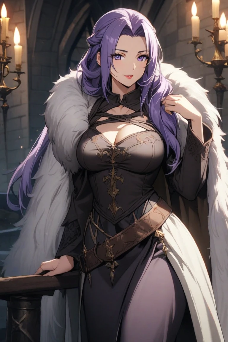 masterpiece, best quality, brvCamilla, crown, cape, armor, gloves, fur trim, upper body, huge breasts, flufdy voluptuous hair,looking at viewer, mountain, rock formations, night, serious expression, from side