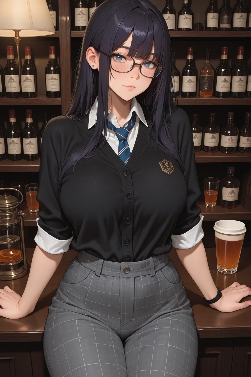 ((masterpiece)), (best quality:1.7), (detailed:1.4), (high res:1.4), 8k, (colorful:1.5), high resolution, sharped image, 4k, hd, (beautiful detailed background:1.2), (beautiful lighting:1.2), (highly detailed:1.2), perfect lighting, (8k wallpaper:1.2), (highly detailed:1.2), (extremely detailed CG:1.2), ((dark brown medium long straight hair with bangs covering an eye)), (hair bangs covering one eye), ((only dark brown hair)), ((busty)), curvy figure, (((hazel-green eyes))), waitress outfit, button up shirt, knee length skirt, glasses, mature, (((30 year old))), human adult, tall, fullbody