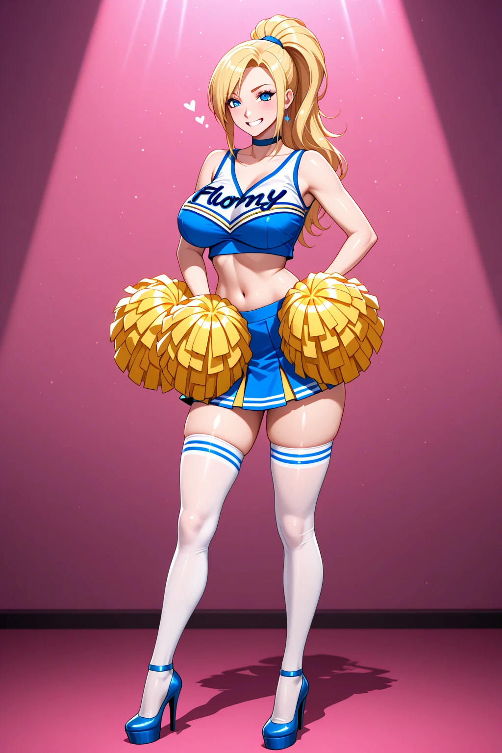 amicia michella - nijisanji, naime style 1girl, (((bimbo))), brown short hair, yellow inner hair, wavy hair, green eyes, (((bimbo))), thin lips, painted lips, shy smile face, wide hips, thick thighs, huge round ass, curvy accentuated booty, shiny oily breasts, cheerleading, cheerleader uniform, pom pom, full body, gym, nsfw