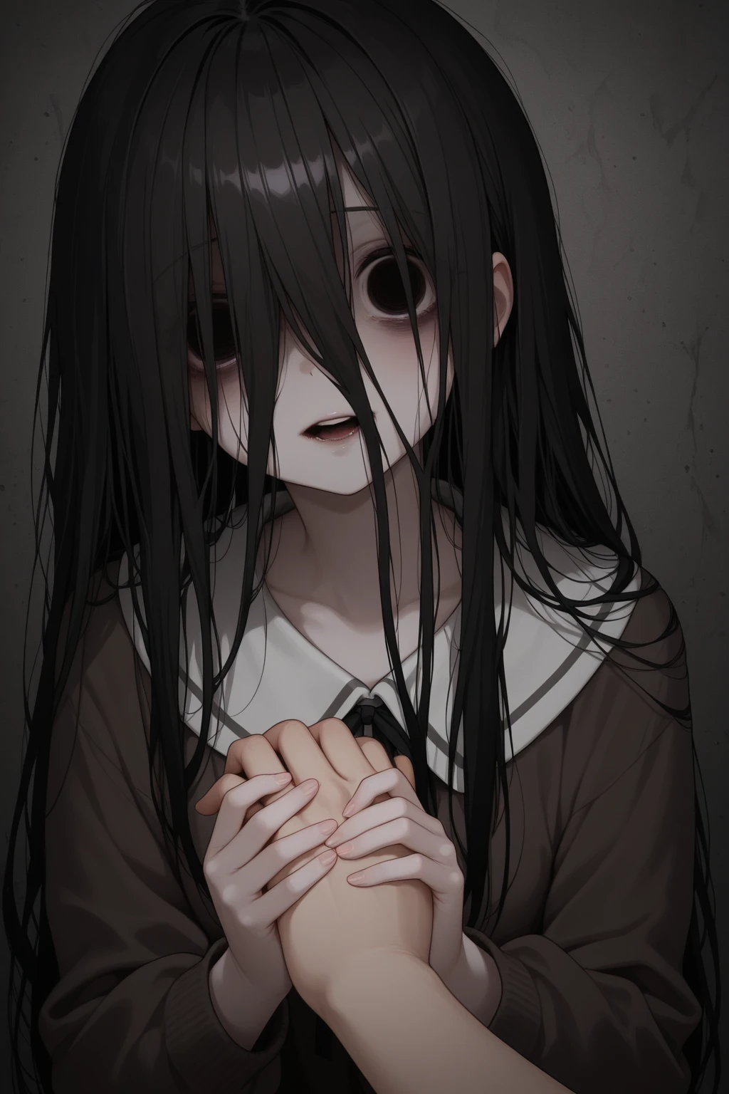 A ghostly figure of a missing person appearing in front of the friends, with a look of despair and pleading eyes.