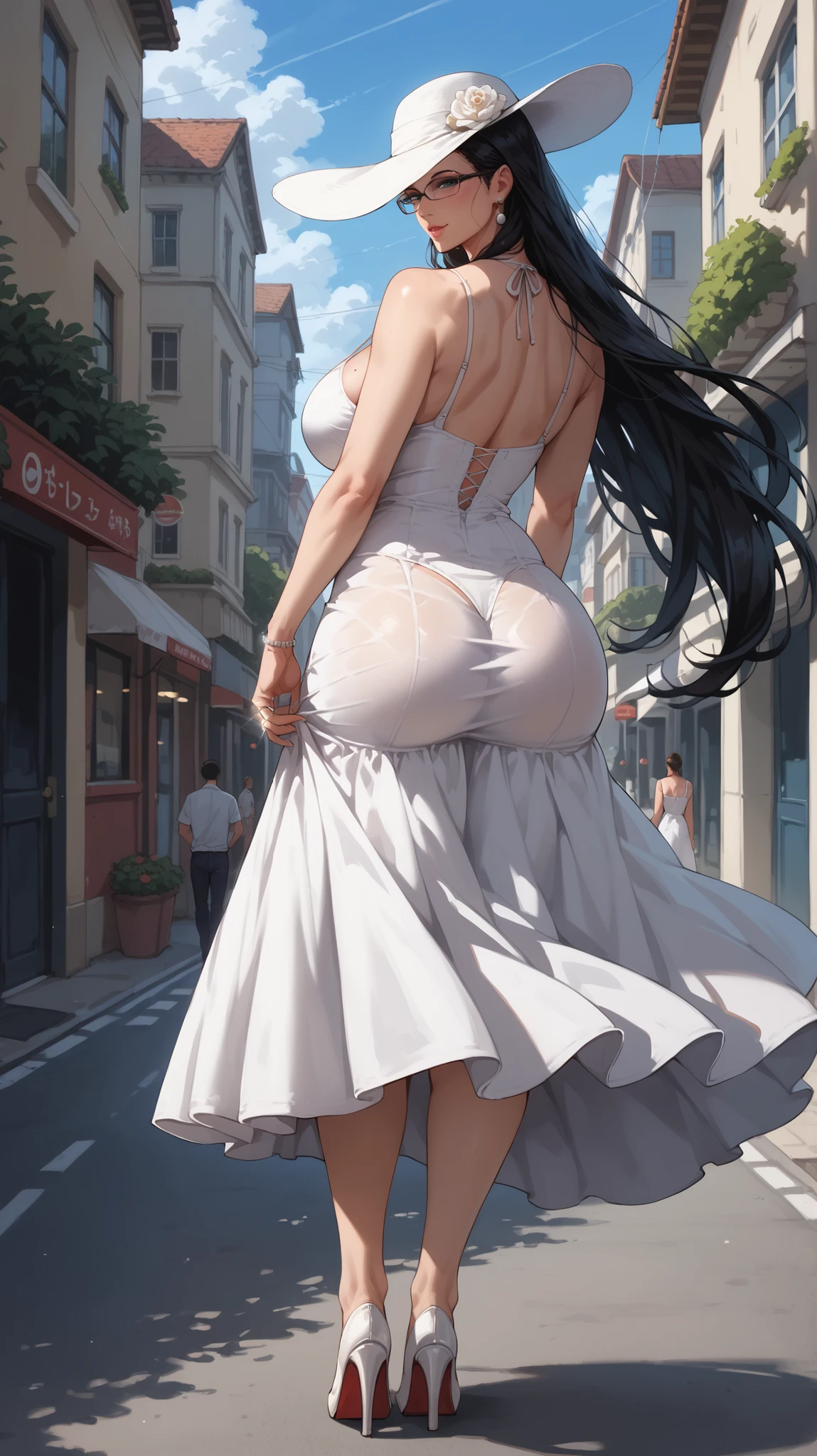 Giantの芸術, 非常に詳細なGiantショット, Giant, short hair, black pantyhose, A giant princess much bigger than a skyscraper, wearing rimless glasses, big breasts, big ass, White luxury dress, white pantyhose, white high heels, very small metropolis, miniature metropolis, full body description, GTS, ギガGiant, Stomping City, crash city, Small town, micro city, High resolution, highest quality, masterpiece, crystalline dress,