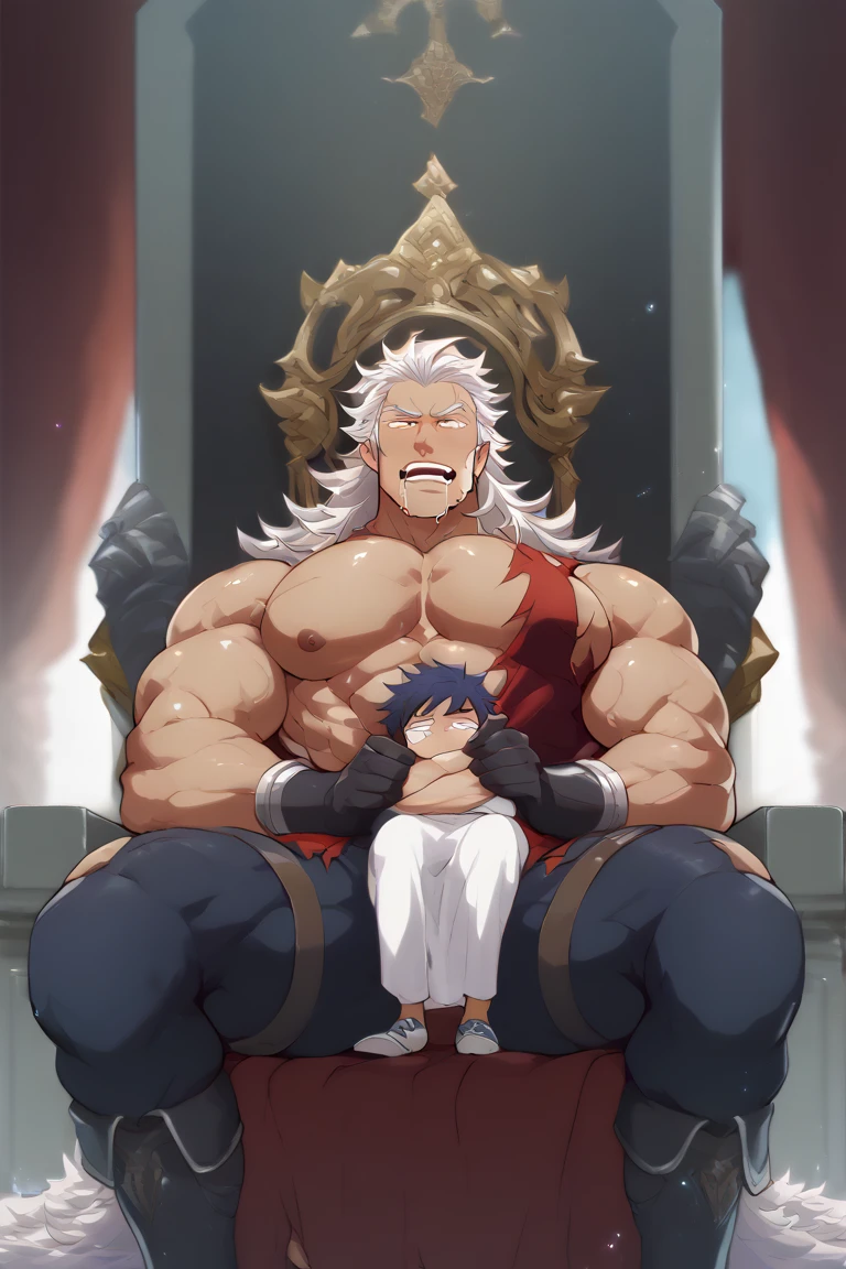 naked , big bulge , huge bulge , black thong ,alone, full body,smiling , muscular, huge muscle, big muscles, pectoral muscle , Boy , YOUNG , YOUNG , riku , blue eyes, silver hair, pokkuti , sitting on a throne, royal throne, sitting , kingdom hearts