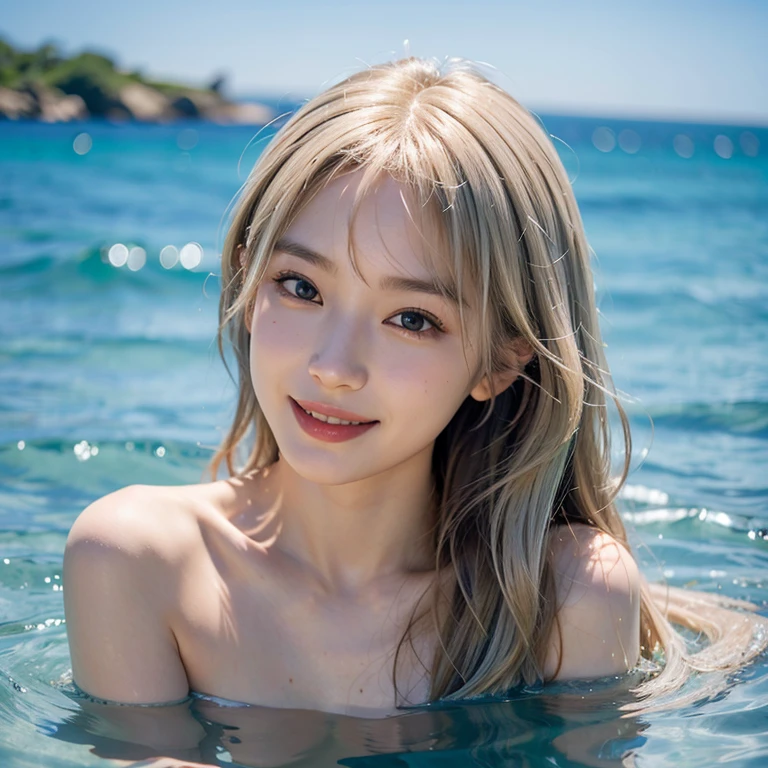 (extra detailed body、extra detailed face、best qualtiy:1.2)、femele、looking at the viewers、(White hair、Outstanding smile、15yo student、a white bikini、Hair in the wind)、(Emerald green sea on background:1.4)