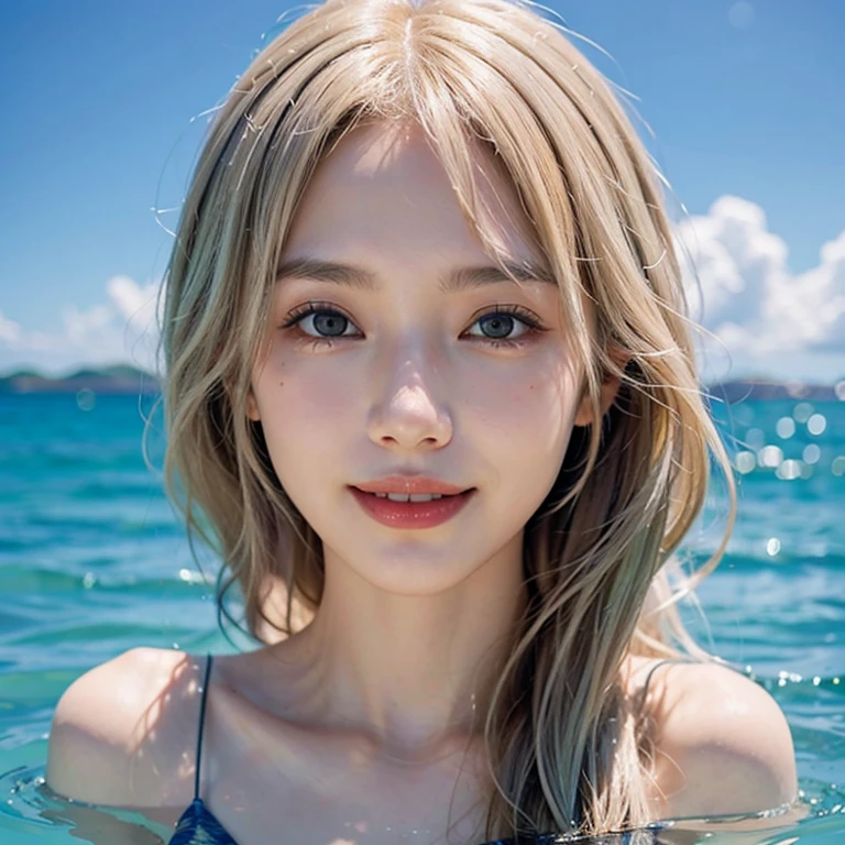pale blonde teenage girl with bangs soft silky hair blue-green eyes taking photo inside the beach sea in the background with the sun hitting her face, in green bikini, with a shining white necklace and a hand in her hair giving a close-up