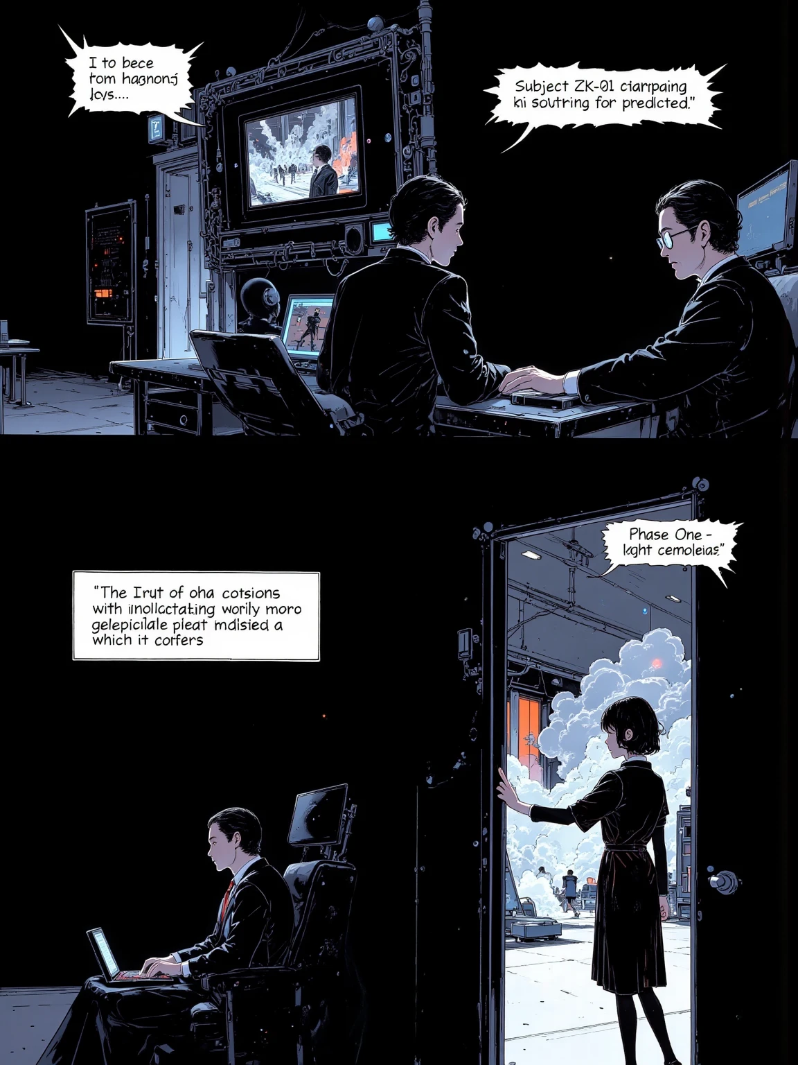 anime style, full manga page layout, 4 panel composition, dramatic lighting, serious tone, cinematic effects

panel 1: top panel, a teenage boy lies face down in rubble, faint blood on his arm, dusk sky with black smoke and burning ruins in background, embers floating

panel 2: middle panel, close-up of the boy lifting his head slowly, one eye glowing faintly, determination in his expression, dirt and scratches on face, dim light from the fires

panel 3: middle panel, enemy soldiers approach in silence, silhouettes in smoke, their eyes are empty, shadows falling behind them

panel 4: bottom panel, the boy’s eyes blaze with fire, sharp fangs begin to grow, intense expression as wind blows through his hair, red-orange glow surrounds him, dramatic close-up

overall style: high quality anime, cinematic shading, dynamic composition, subtle texture, hand-drawn manga tone

