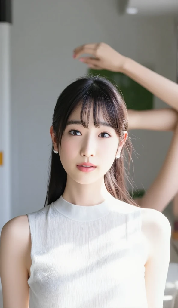 (top-quality、16K resolution) 1 girl、solo、natural soft light、Looking at the camera、Long sleeve white T-shirt、Concrete background、Facing the front、is standing、Woman in her late teens、Light bangs、Salon model、Natural look、portlate、floated hair、Rolled hair