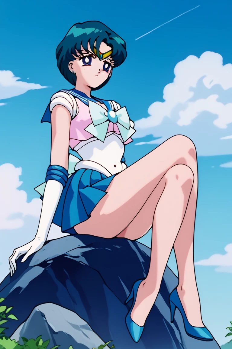 masterpiece, best quality, very aesthetic, absurdres, Sailor Saturn XL, 1990s \(style\), perfect face, perfect composition, moist skin, intricate details, beautiful detailed eyes, 1girl, solo, short hair, black hair, purple eyes, flat chest, skinny, sailor senshi uniform, jewelry, star choker, bow, back bow, star brooch, purple sailor collar, tiara, earrings, white elbow gloves, purple miniskirt, (looking back:1.1), embarrassed, blush, open mouth, cameltoe, pussy juice, white panties, (pantyshot:1.2), wind lift, sexy pose, outdoors, street, blue sky, wind, sunlight, from below, from behind,