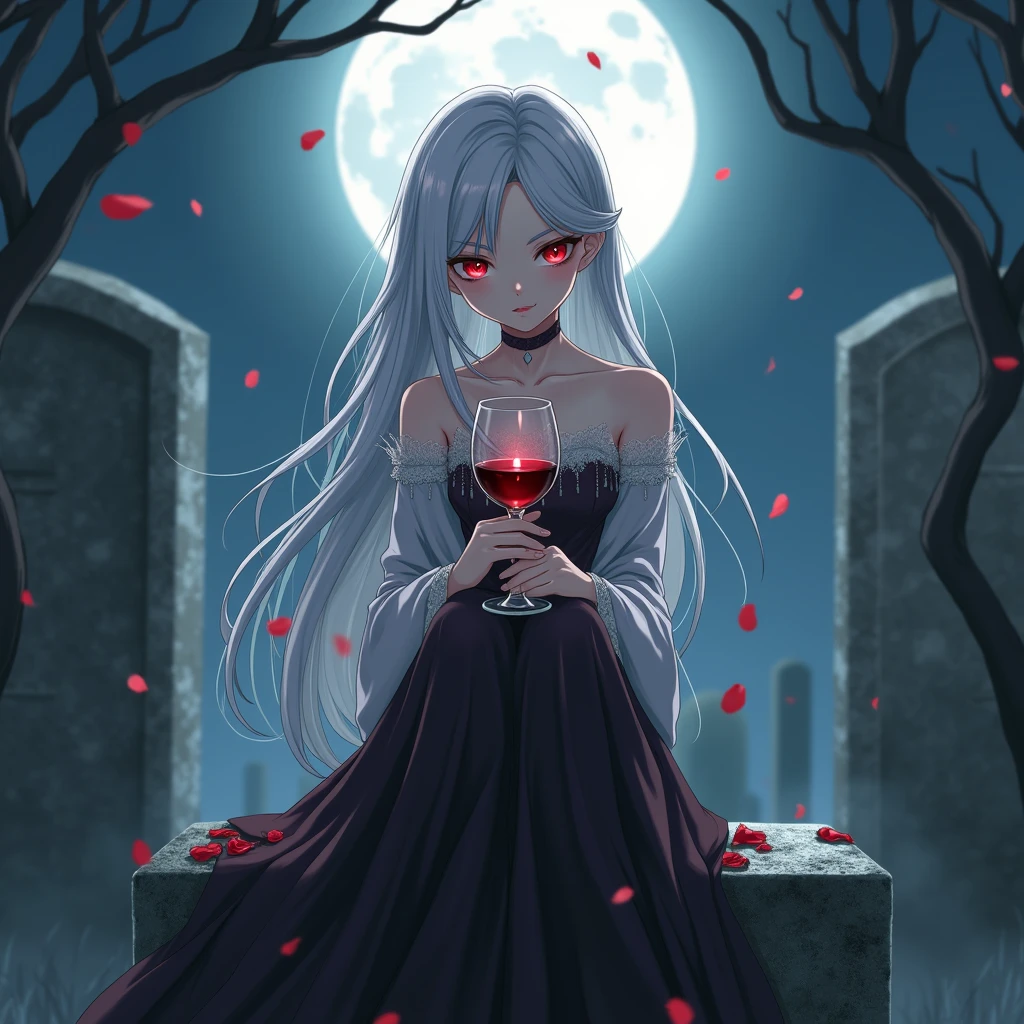 Arafed, dark fantasy art, glamour shot, award winning shot, photorealistic, a portrait of a female vampire drinking a glass of blood,, silver hair, long hair, red lips, glowing eyes, there is an imprint of ((white rose)), dynamic color, she wears, an elegant (black dress: 1.5), blood dripping from lips, cyberpunk bar background, 16k, ultra detailed, masterpiece, best quality, (extremely detailed), Dark Art Painting Style, GlowingRunesAI_red