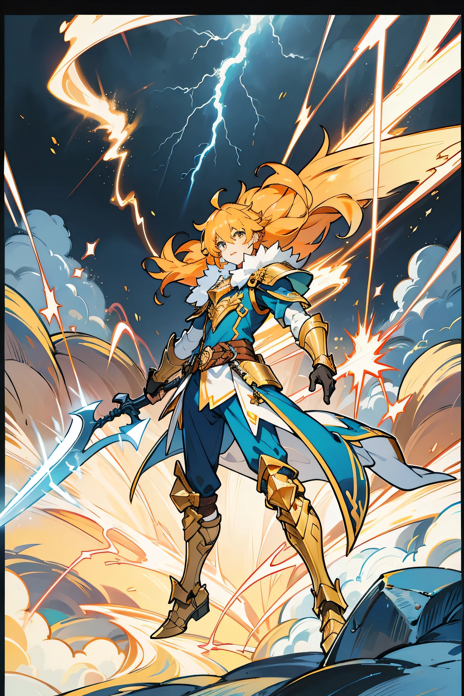 Male,19 years,gold armor,BLUE LIGHTNING,Holding a Lightning Axe,orange sky background,Full body,Lightning power