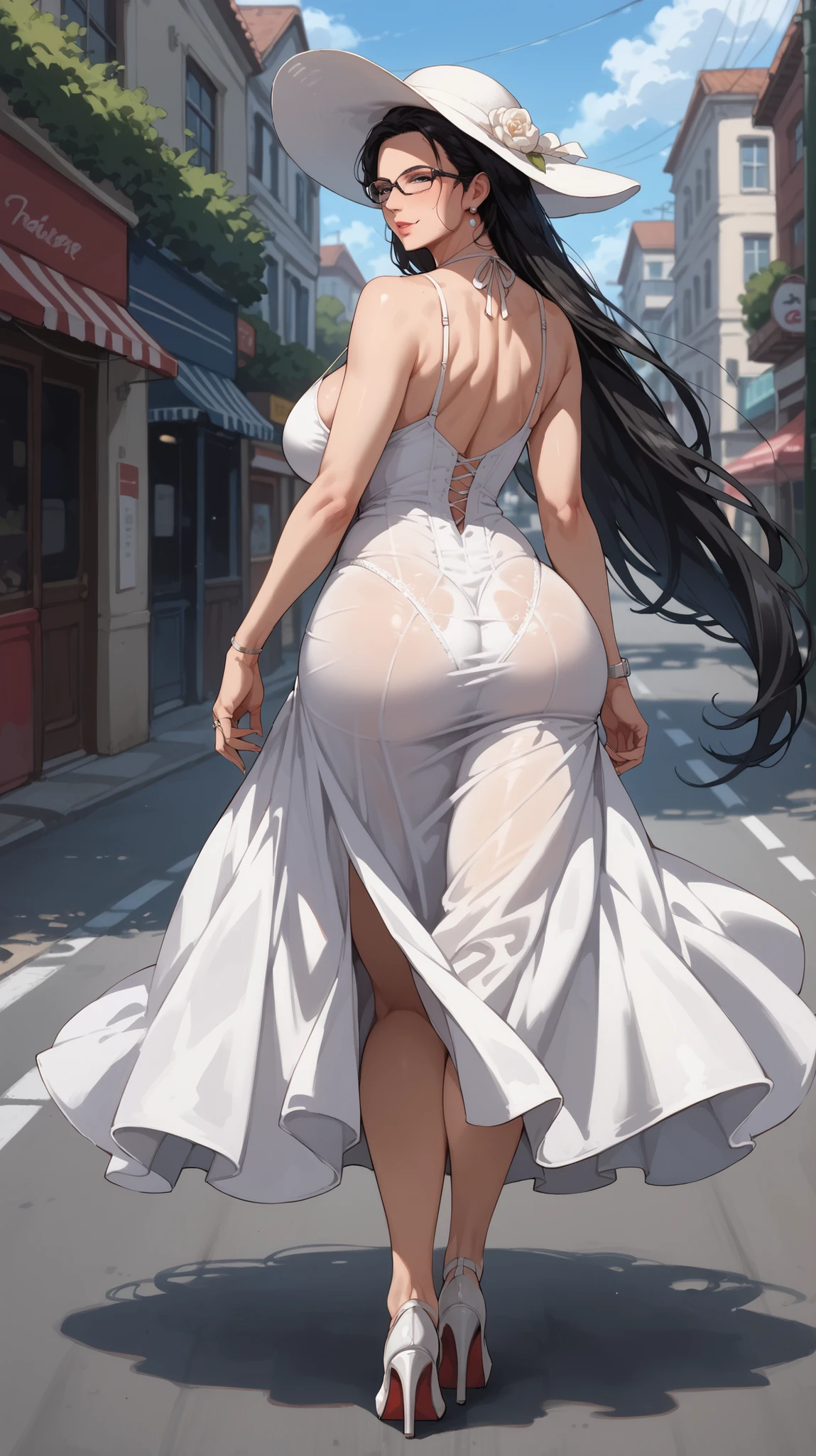 high quality,8K,high resolution,wife in bowing body posture, POV from behind 1 personality,tall,realistic texture,Much Muchi,cute smile,one hand on back hip,(Plump body 8),(beautiful sky blue long frock, added white net design),(Muchimuchi body 8),(newyork building or garden scenery),colorful, perfect round detailed sunglasses,