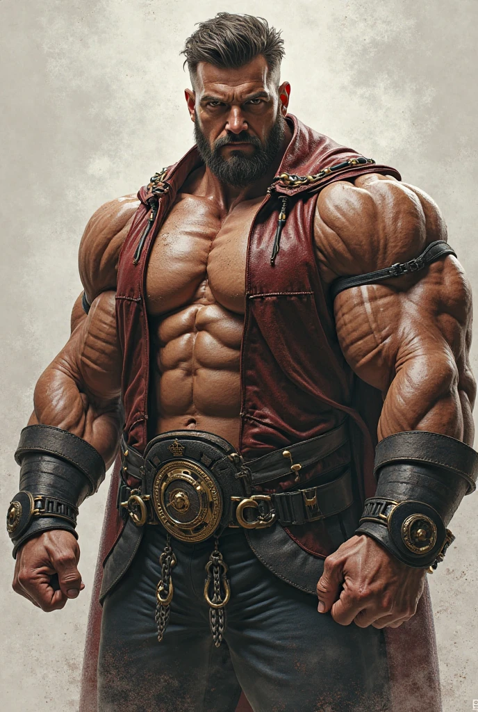 Thick Gold Cross on a necklace. An arcane mage swirls purple, glowing, arcane energy around himself. He is an absolute muscle monster, with impossibly broad, well toned shoulders and a V shaped body with narrow waist. His shoulders are three times wider than his waist. Bare-chested, he is hairy chested, balding, with stubble