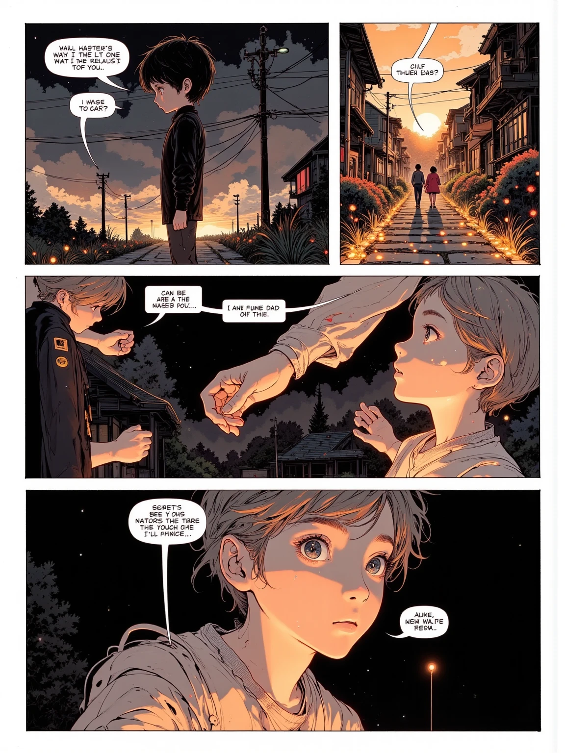 anime style, full manga page layout, 4 panel composition, dramatic lighting, serious tone, cinematic effects

panel 1: top panel, a teenage boy lies face down in rubble, faint blood on his arm, dusk sky with black smoke and burning ruins in background, embers floating

panel 2: middle panel, close-up of the boy lifting his head slowly, one eye glowing faintly, determination in his expression, dirt and scratches on face, dim light from the fires

panel 3: middle panel, enemy soldiers approach in silence, silhouettes in smoke, their eyes are empty, shadows falling behind them

panel 4: bottom panel, the boy’s eyes blaze with fire, sharp fangs begin to grow, intense expression as wind blows through his hair, red-orange glow surrounds him, dramatic close-up

overall style: high quality anime, cinematic shading, dynamic composition, subtle texture, hand-drawn manga tone
