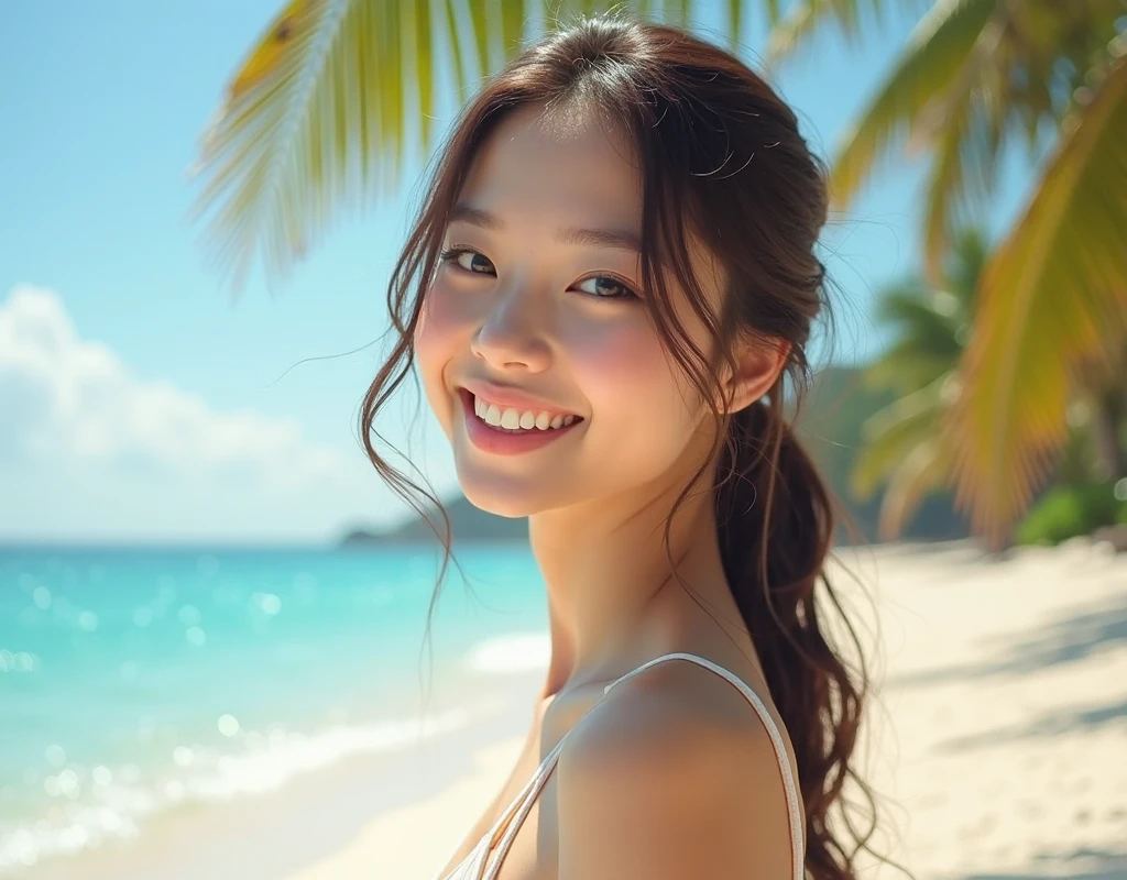 beach, sunset, closeup portrait of an idol in a swimsuit, holding a sun hat, smiling, photorealistic, high detail, vibrant colors