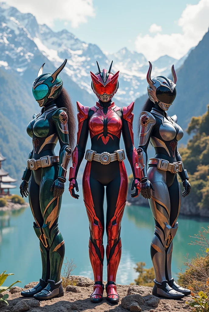 Majestic steppe background、Super Sentai Series、Megaranger、Hero Mask、(reddish、verdant、A black、amarelo、pink there、Fivesome)Righteous heroes、Decide on a transformation pose、