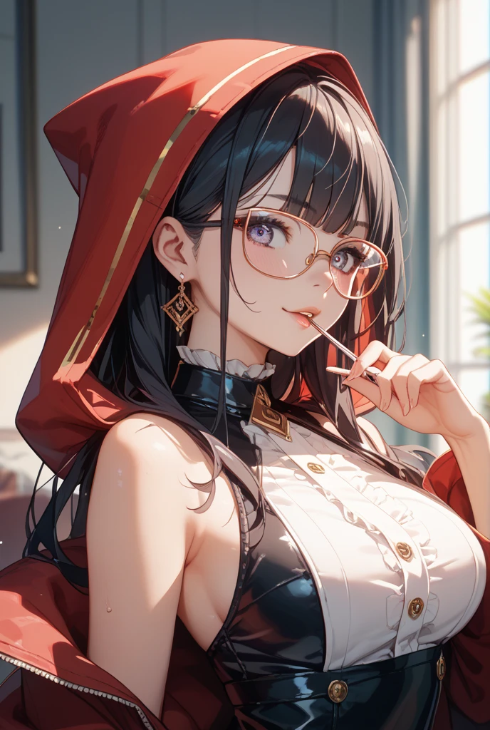 1人の女性、brown haired(Curta)、Brown eyes、Black-rimmed glasses、Ring piercing of the earlobe、Seductive、Santa Claus Dress、Chest chiller、NSFW