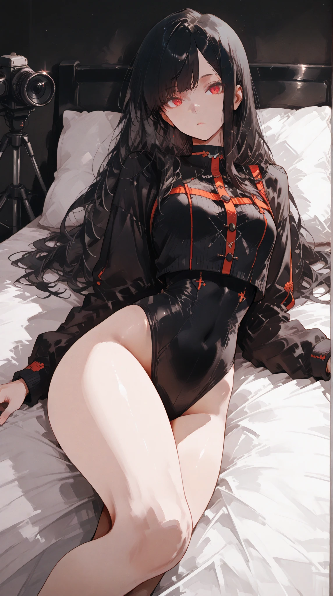 (best quality,high resolution,Beautiful detailed eyes,White lighting:1.2),red eyes, looking at viewer, long hair, black hair, long boots, black footwear, blush, laying on bed,,small shirt,small scurt,exposed stomach,small breasts