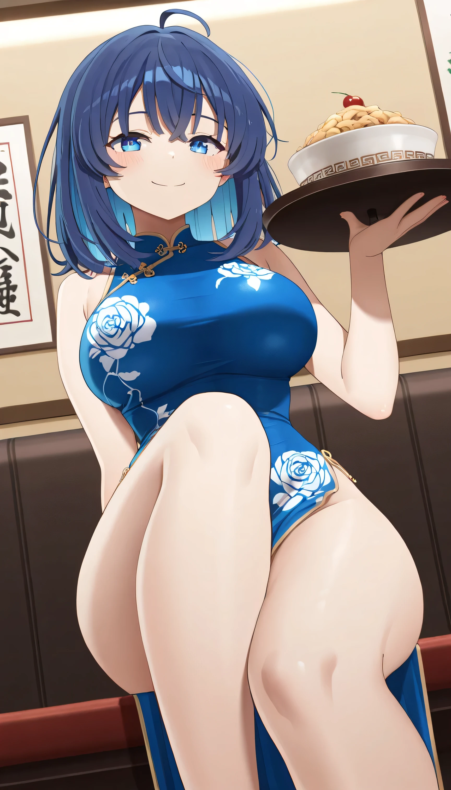 SFW, Masterpiece, best quality, high resolution, very detailed, yanamianna (\Too Many Losing Heroines), yanamianna、medium hair、ahoge、blue hair、blue eyes、Large Breasts、Blue China dress、Thick Thighs, Medium waist, sleeveless, Chinese restaurant