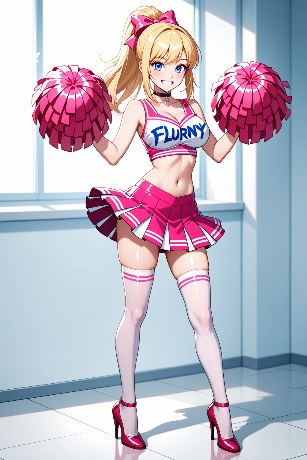 1 girl,ran yakumo,fox tail,fox ear,blonde short hair,big breasts,cheerleader, holding pom poms,cowgirl position,slit pupils,open clothes,;d,cum on breasts,