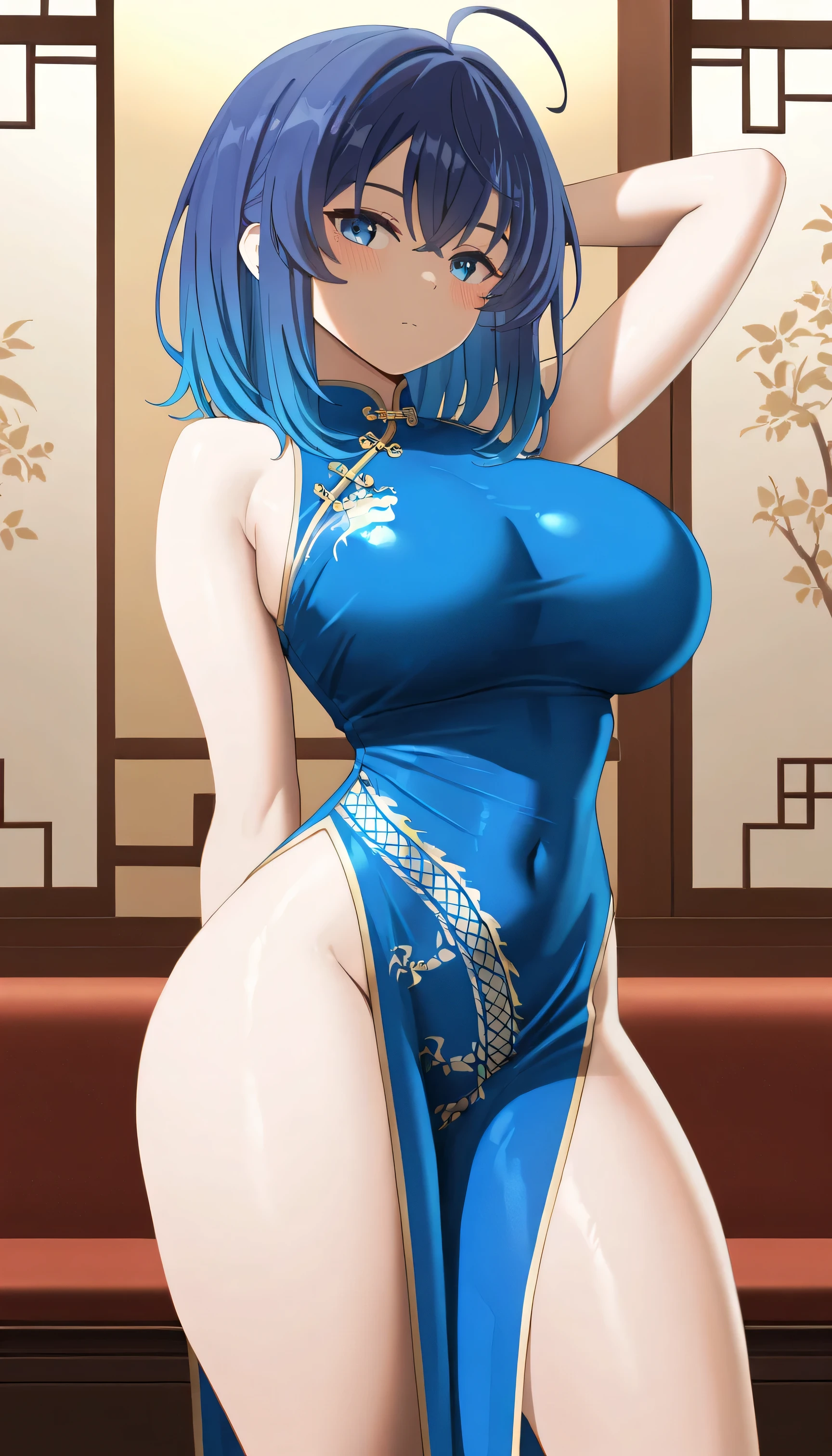SFW, Masterpiece, best quality, high resolution, very detailed, yanamianna (\Too Many Losing Heroines), yanamianna、medium hair、ahoge、blue hair、blue eyes、Large Breasts、Blue China dress、Thick Thighs, Medium waist, sleeveless, Chinese restaurant