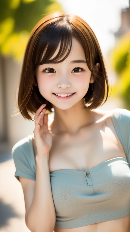 Attention to detail, Ultra-realistic, Sony A7III, Volumetric Shadows, Very detailed,Tank top、Koreangirl、Hurrah!、Stretching、high school student、Squint your eyes、Bob Hair、Blonde、smile