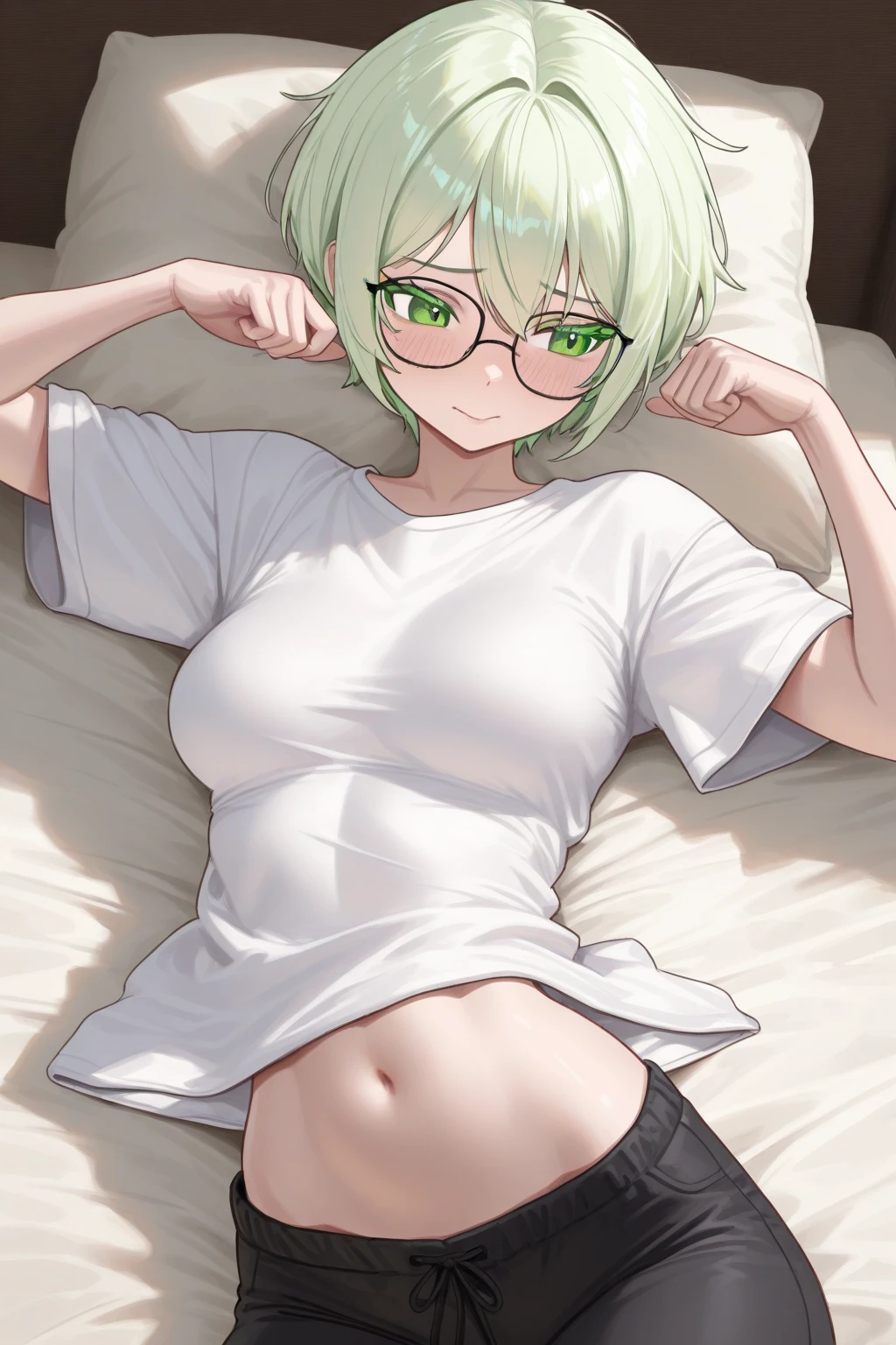 8k, masterpiece, best quality, highly detailed, 1girl, tiefling, multicolored hair, very short straight hair green highlight hair on white hair, strippled hair, wearing glasses, earrings, necklace, mole, glowing green eyes, glamorous , white oversized shirt, bare feet, navel piercing, villainy, smirk, seductive pose, close up view, rings, looking at viewer, demon horns, lying on bed, wet shirt.