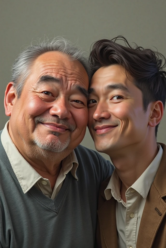 Painting of father and son reunited and embraced，Father is over 80 years old，Son in his 60s，A colorful crabapple flower ink-printed cotton wool scarf is hung around my son&#39;s neck.