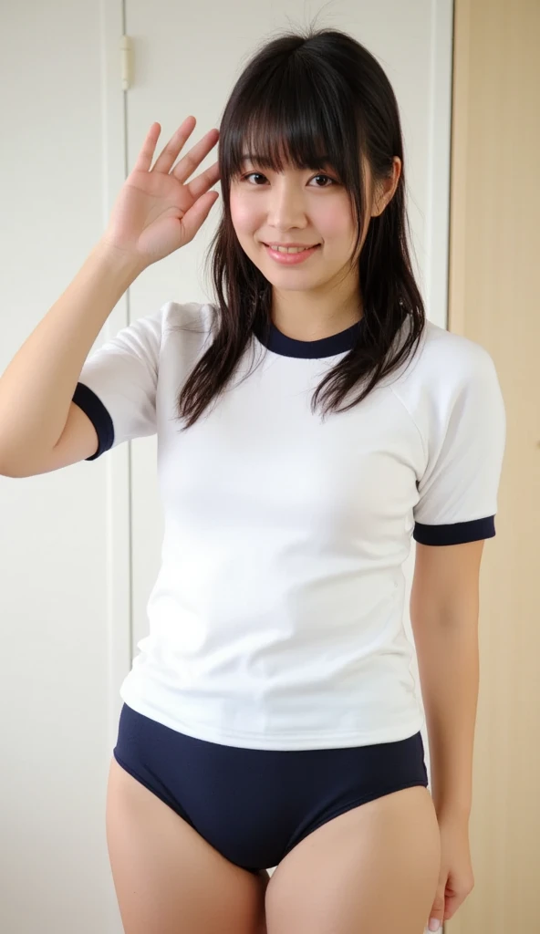 (masterpiece:1.3), (8K、Realistic, RAW Photos, Highest quality:1.2), (alone), (1 Girl), (cute:1.3), (Very beautiful 14 year old Japanese girl), nice smile, Red cheeks, (Skin with attention to detail: 1.2), Photorealistic Anime Girl Rendering, Realistic anime 3D style, Beautiful brown hair,Twin tails, Intense black eyes, Strong eye highlights, (Accurate and natural large breast size), Perfect Anatomy, Bowl Cut, Blunt bangs, (Bloomers), (Old fashioned sportswear), (White tight short sleeve shirt, Dark blue short tight shorts), Accurate Arm, Five Fingers, Accurate legs, On the bench, get up, Bloomersを見せびらかす, Small area sportswear, Volumetric lighting, Soft Light, bright, neon, bright色