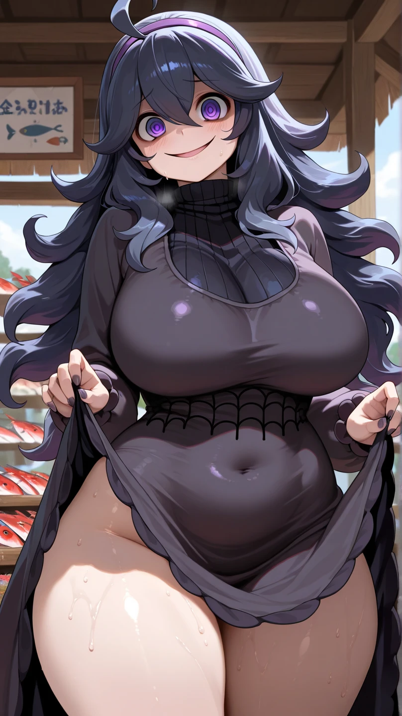 A full-body image of a person posing with their legs spread and showing their armpits, picture,  Topics on pixiv,((Nico Robin)), Favorite scene, The finer details. skin,sweating, Big Breasts, Mature Woman,60 years old,,Hands raised, Underarm, Underarm visible, Sweat dripping, Sweat more, sweaty Underarm,Chubby,Armpit hair is very thick,Thick pubic hair,The whole body is shown, wearing Fishnet  bodystocking,The chest is hidden,,shirobako, big)}] One girl 