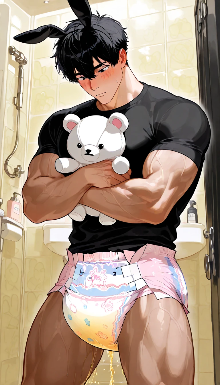 Slim boy, sexy body, pretty and delicate face, short brown hair, pink cheeks, delicate lips, pink nipples, blue eyes, scared expression. He is wearing white panties, holding a brown teddy bear, standing in the bedroom doorway at night.