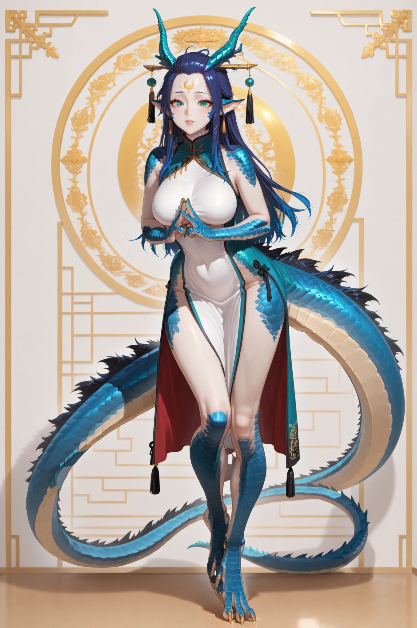 ((Highest quality、unity 8k wallpaper、32k、masterpiece、Very detailed、Ultra-high resolution、Ultra-high resolution、 Very detailedな顔, RAW Photos, Professional, Ultra-fine painting, Anatomically accurate lizard man)) Kotegawa Yui morphing into lizard, Completely naked, kotegawayui, black long hair, yellow eyes, A magnificent long lizard tail, (Extending from the spine、Tail extending from the tailbone, Tyrannosaurus foot with sharp claws),  Fine blue scales that grow like thigh-length socks, Fine blue scales that grow like long gloves , Long nails), Nipples are fully visible, ((There are fine scales on the sides, Fine blue scales around the waist, Scales on the back, Scales from flank to thigh)), The boundary between the scales and the skin is unclear,  full body, standing