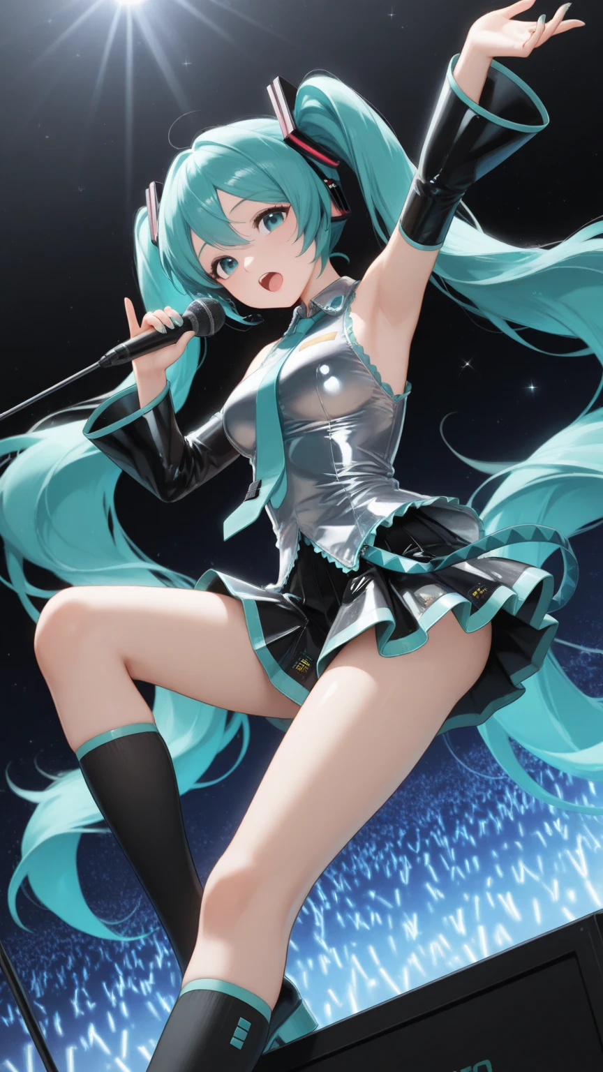 Girl singing on stage, In a short skirt,Short top, k-Pop, idol, idol, Miku Hatsan vocaloid, Miku hatsune, wide hips, Clothes crash into the body, higly detailed, Emphasis on panties, You can see the panties, turquoise panties