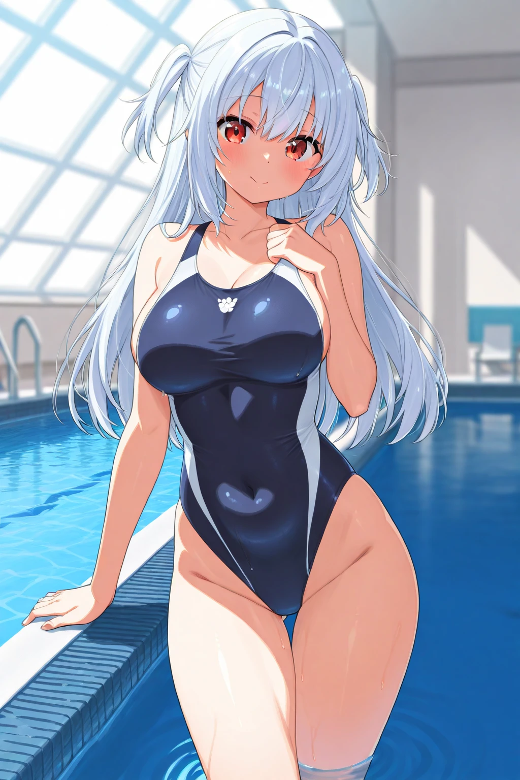 White competitive swimsuit　Purple long hair　Great style　Large breasts　blush　Embarrassed　School swimming pool