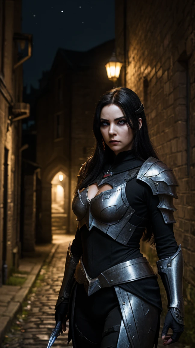 8K,Masterpiece,One woman,Linda Guerreira Com Grandes Olhos Azuis E Longos Cabelos Pretos, Meeting Yennefer in The Witcher, She is wearing medieval black metal armor、In the middle of a fierce battle,His skin is white, And his face is angry