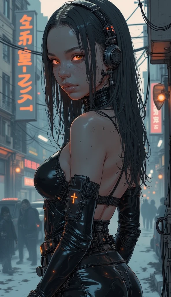 In this high-quality, black-and-white photograph, the subject is an unsettling scene of a gothic girl in tattered fishnet clothing. The girl, with her pale complexion, dark eyes, and wild, tangled hair, appears to be screaming frantically as she stands amidst a destroyed and wrecked cityscape. Her clothing, though partially see-through due to the shredded fabric, is intricately detailed, revealing fishnet patterns that suggest vulnerability while also hinting at hidden strength. The backdrop of the photograph consists of crumbling buildings and rubble, with smoke rising from various points in the distance. Fog permeates the air around her, adding an eerie atmosphere to the scene. The image captures the tension and fear present in both the girl's expression and the chaotic environment she is immersed in, creating a powerful and unsettling visual narrative that demands attention.