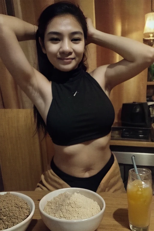((best quality)), ((masterpiece)), (detailed), perfect face 28yr women super detailed face super detailed eyes , yellow micro mini bikini , curvy body , shining oily body eating meet kitchen wet body big red lips pumped lips , soaked