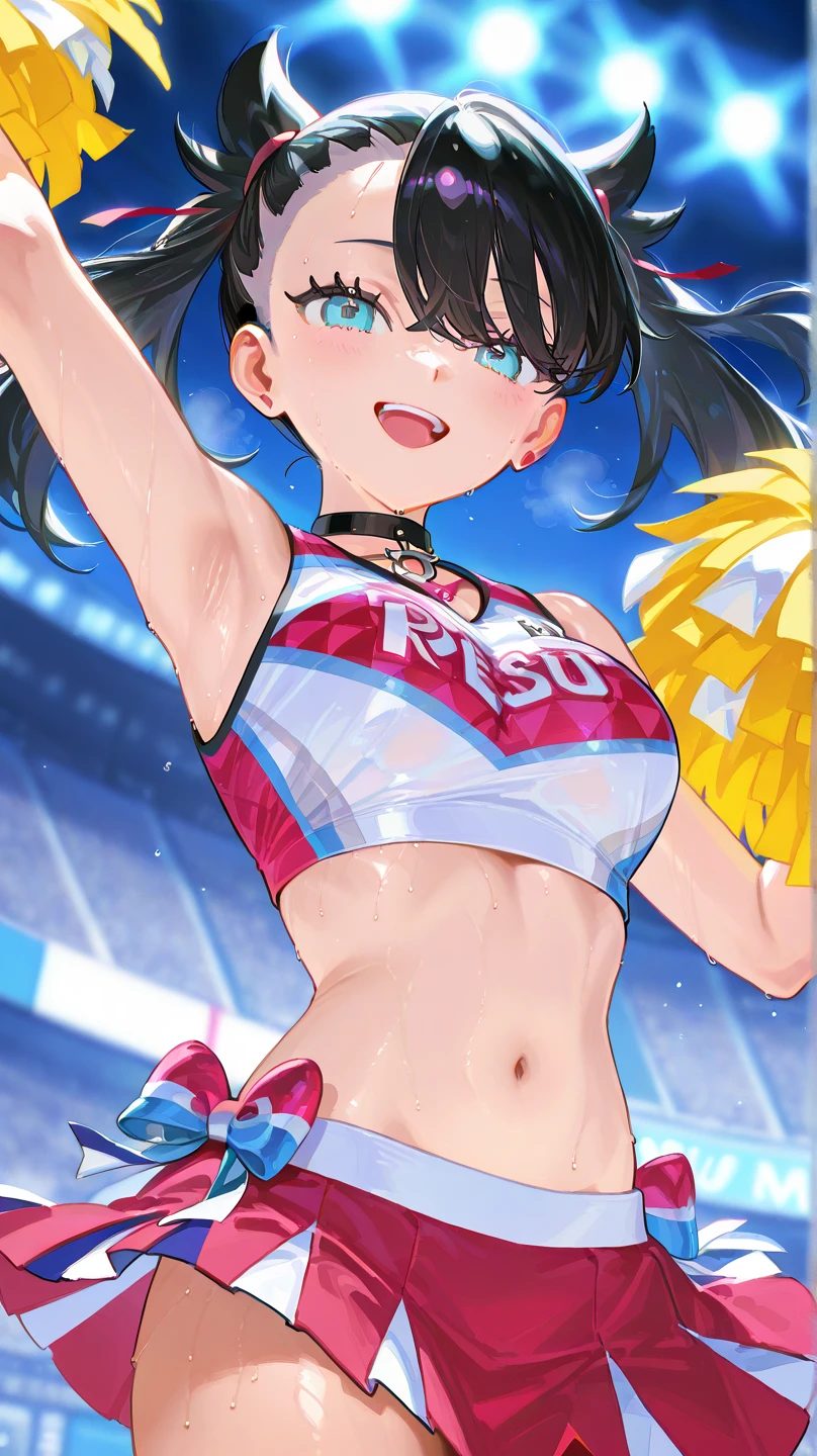 (short cute girl,small young student,young delicate girl),(masterpiece,Top quality),Crop Top Look,cheerleader,shorts,long black hair twin tails