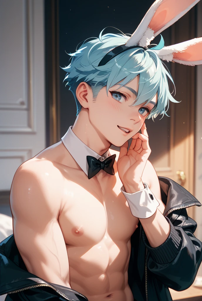 (solo:2), (boldline:-1.7), (metal tray on his hand:1.3), (glass on tray:1.5), (black bow tie:1.5), (sexy pose:1.5), (arched back:1.2), (spread legs:1.2), (((fang))), (((best finger))), BREAK (best quality:1.5), (absolutely resolution:1.5), (ultra detailed:1.5), (masterpiece:1.5), (perfect face), (detailed face), (detailed eyes), (best eyes), (cute face), (shota:2), BREAK (bunny costume:1.5), BREAK (white loincloth:1.5), (rabbit ears:1.5), (bunny tail on his hip:1.5), (bulge:1.6), (skinny:1.3), BREAK (light blue hair:1.5), (spiked hands), (wine red eyes:1.4), (eyes with highlight:1.6), ((mole under eye)), (sweaty skin), (chuckling:1.5), ((earrings)), (shiny skin:1.3), BREAK (casino:1.5), (money:1.5), (((spot light))), ((wind blowing)), (((nipple))), ((abs)), (groin), from below,