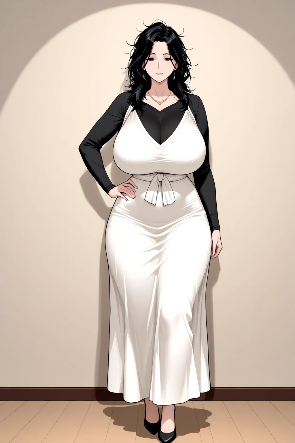 High quality, high detail, solo, best quality, 1girl, milf, (black hair, long hair,) sexy clothing, mole under eye, (dark makeup, black lipstick,) huge breasts, wide hips, thick thighs, standing, one hand on hip,))) full body shot, simple background