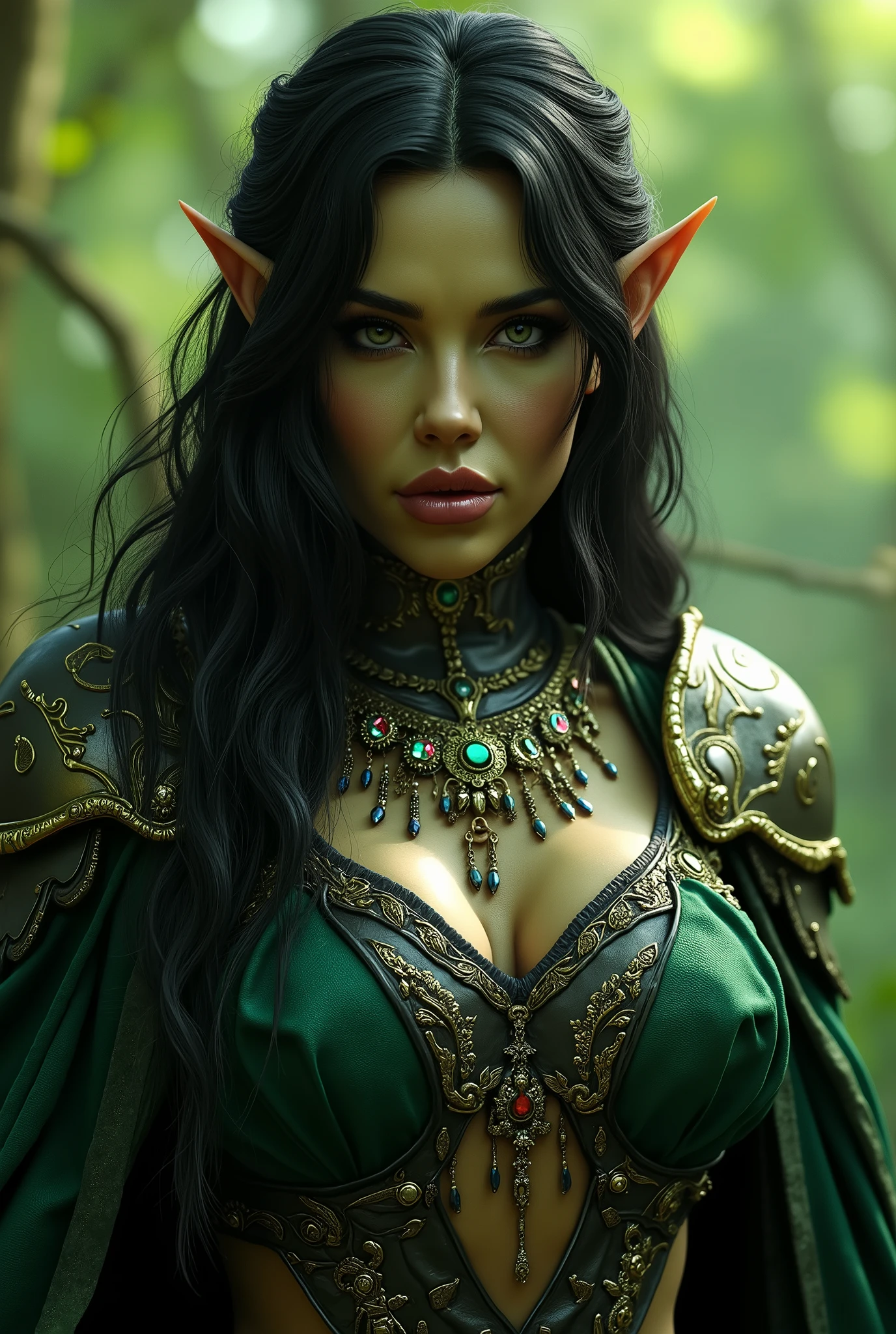 This image features a detailed, medium shot of a female orc character with a fantasy huntress aesthetic, set against a verdant forest background. She appears to have green skin, suggesting she might be an orc, though her features are distinctly human-like and conventionally attractive. She is dressed in a striking outfit consisting of: A dark green cloak with intricate gold trim along the edges, draped over her shoulders and back. Metallic, possibly silver or dark gold, pauldrons (shoulder armor) with ornate designs, complementing the trim on her cape. A large, decorative necklace or chest piece with a central medallion and various dangling elements, seemingly made of gold or brass and possibly incorporating gemstones. Leather armbands or bracers on her forearms, also detailed with metallic elements. Her dark hair is long, with few dreadlocks. Her gaze is direct and intense, looking straight at the viewer. The lighting suggests an outdoor setting, likely within the forest, with soft, diffused light highlighting her features and attire. The overall impression is one of strength, mystique, and an almost regal warrior presence (NO CLEAVAGE, HIDE HER BREASTS)