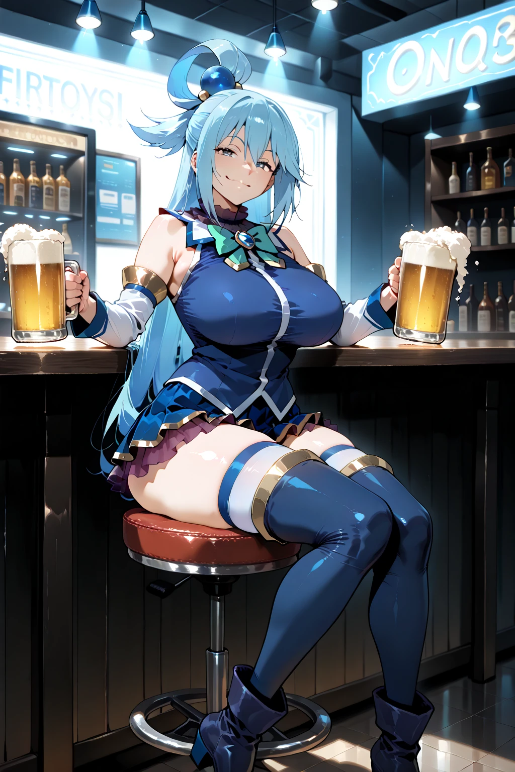 masterpiece, Highest quality, High resolution, Aqua, Long Hair, Blue Hair, Hair Ring, hair ornaments, choker, bare shoulders, Green ribbon, Blue Shirt, Removable sleeves, Blue Skirt, Knee socks, bar, Sitting, Holding a cup, Beer mug, smile, Open your mouth,Spreading her legs,