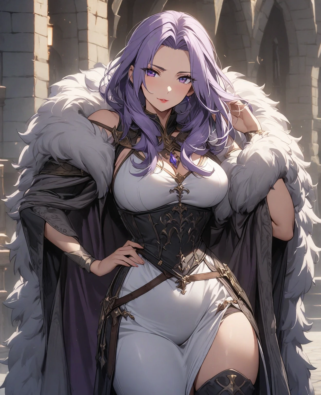masterpiece, best quality, brvCamilla, crown, cape, armor, gloves, fur trim, upper body, huge breasts, flufdy voluptuous hair,looking at viewer, mountain, rock formations, night, serious expression, from side