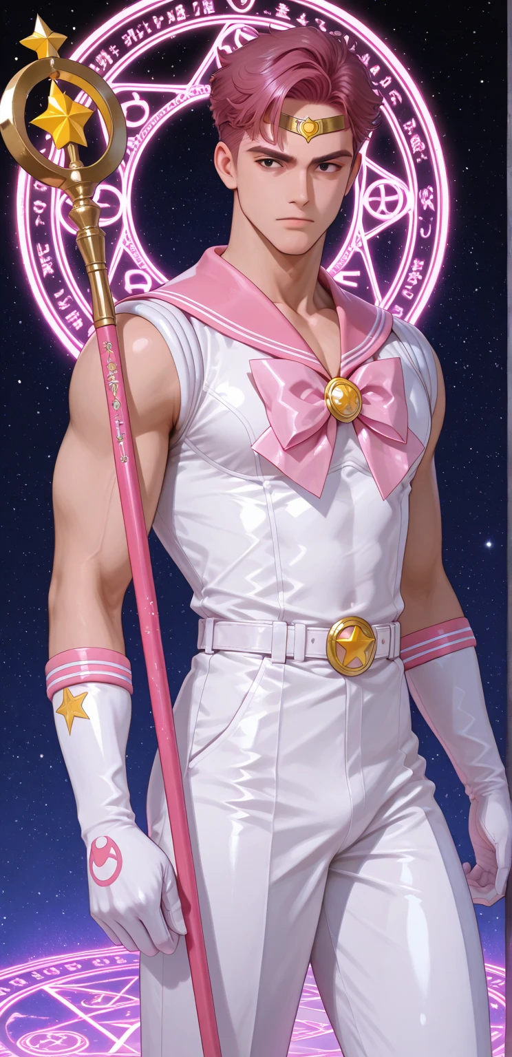 A handsome, tall, muscular man, mature male, in a park close to a sakura tree, viewed from his front, wearing a cute tight pink magical girl sailor moon dress, embarrassed expression