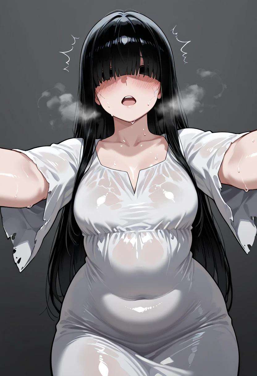 masterpiece, best quality, 1girl, gigantic breasts, white dress, (grey skin), open mouth, red eyes, saliva string, saliva drip, heavy breathing, steaming body, tongue out, saliva, saliva trail, revealing clothes, from above, top view, girl on knees, pov, straddling, looking up, looking at viewer,<lora:sadako:0.8> yamamura_sadako, <lora:darkness_v100:0.5> (at night, darkness, no light:1.4) <lora:ahe:1> rolling eyes, <lora:gloweyes_v100:1.2> glowing eyes