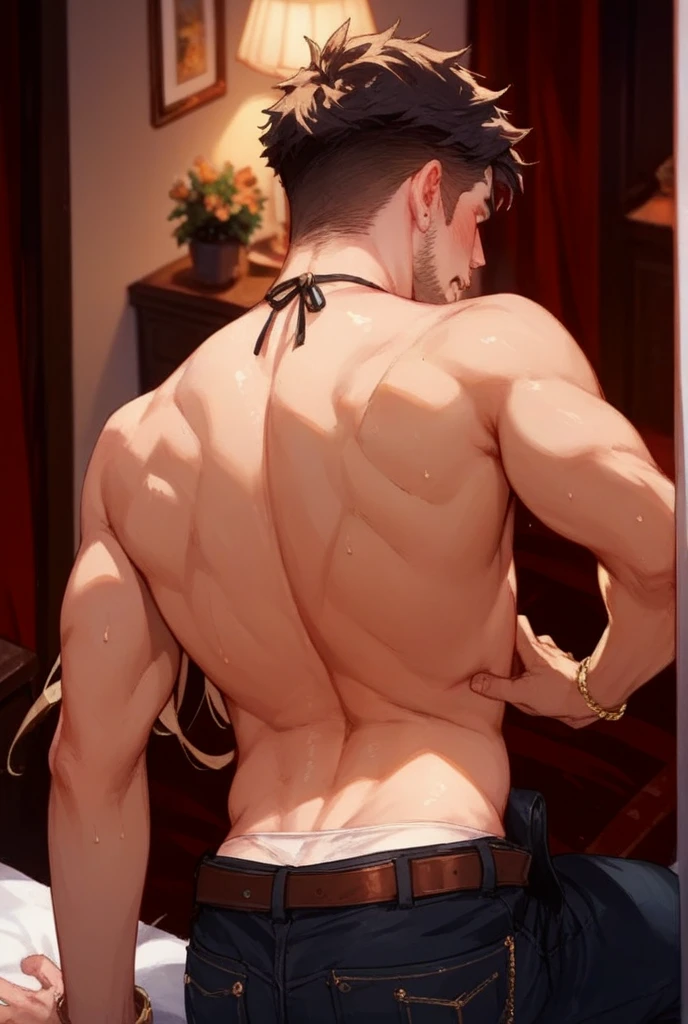 masterpiece, ((masterpiece)), Best quality, complex parts, perfect Whimsical, gentle, a little feminine face, detailed face, Highly detailed and fine figurine, ultra-realistic, detailed body, detailed pectoral muscles, ((Boy's focus)), detailed muscles, convex, (((A handsome boy, 17 years old))), athletic build, ((ideal body)), aesthetically beautiful, erotically tempting, seducing, offering himself With a beautiful sexy tango panti With round perfect buttocks, Rear view from bottom to top muscular, sweaty after a workout, In a Venetian mask with peacock and bird of paradise feathers, In White, red and gold colors, diamond chips all over the body , Watercolor, in the style of Caravaggio