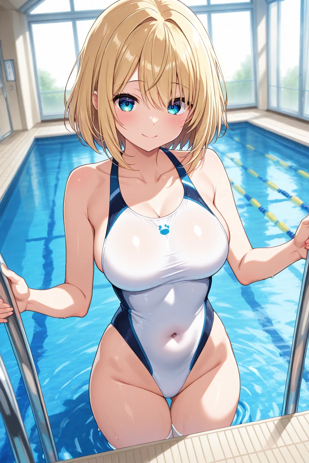 (NSFW:1.1), masterpiece, Highest quality, Ultra-high resolution, Highest Resolution, Very detailed, cowboy shot, very cute, Complete limbs, Shining Eyes, Full Finger, Slender beauty, Blonde Bun Hair, Embarrassed look, Writhing expression, school swimsuit, Glowing Skin, pool, Bubble, Wind