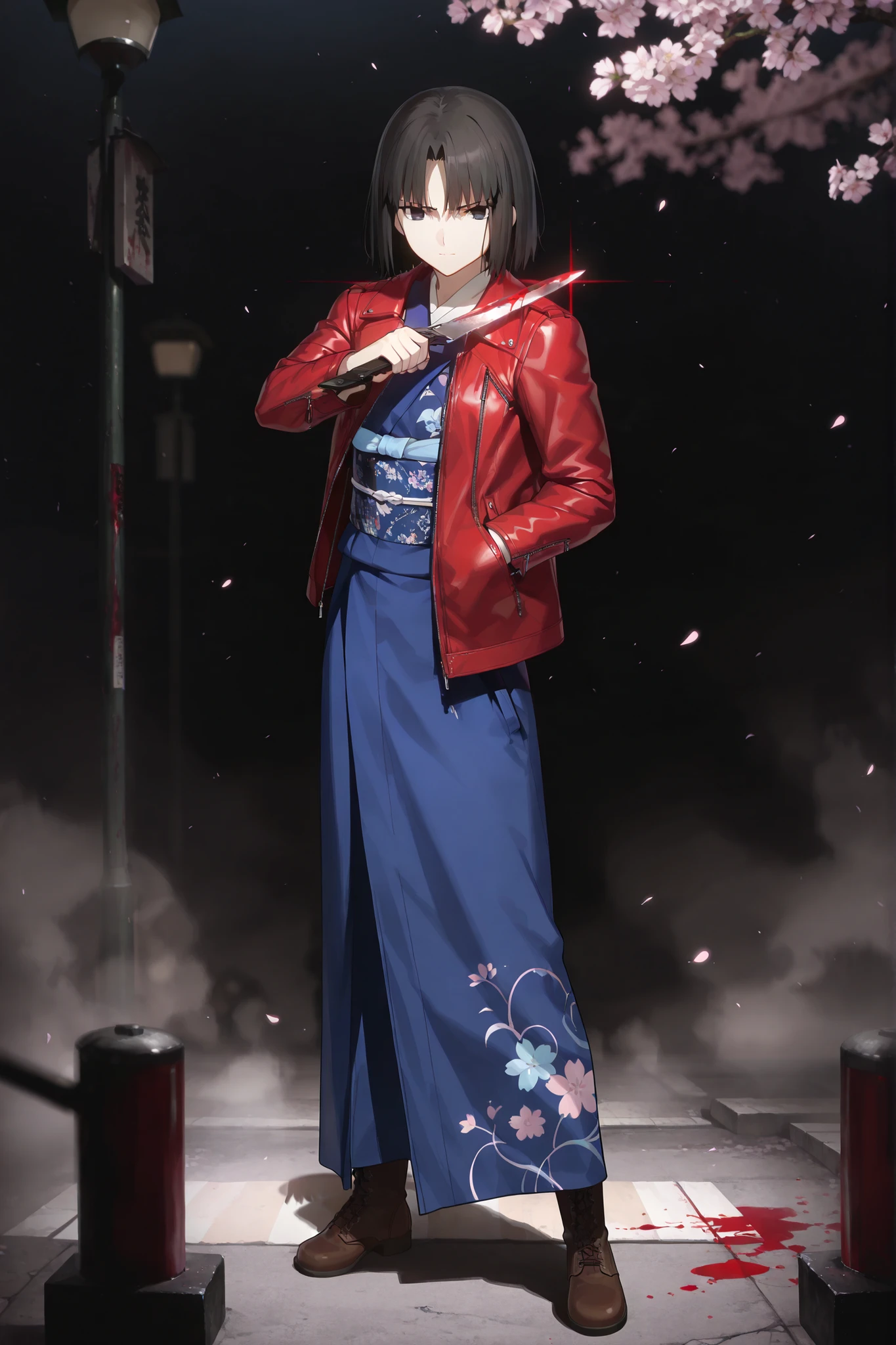 (One person,solo,shiki ryougi,short hair,parted bangs,black hair,black eyes),(blue kimono,sash,red leather jacket, Return Blood,brown boots in front of a row of cherry blossom trees),watching viewers,standing,((determined,close his mouth,hand in jacket pocket,holding survival knife at down,Bloody Knife)),(full body),(Late Night,Streetscapes without people,standing under a street lamp,Streetlight:0.5), dark:2.0,fog,depth of field,Accurate Eyes,detailed mouth,accurate face,Accurate Fingers,Accurate feet,masterpiece,top quality,Super Detailed, beautiful ,8k,