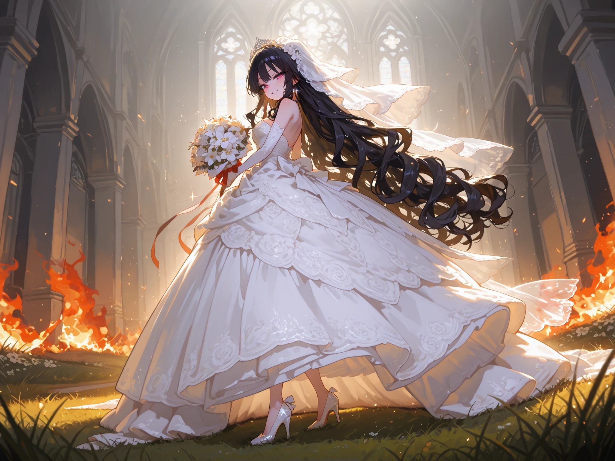 One Girl, Sparkling Black Hair, Very Long Wavy Hair, Voluminous Eyelashes, White Wedding Dress, Bloody High Heels, White Bride's Veil, Lovely Smile, Bouquet, Flower Bouquet, Burning in the Distance, Church Background, Fire, Grass, Dim Light, Atmosphere, High Definition